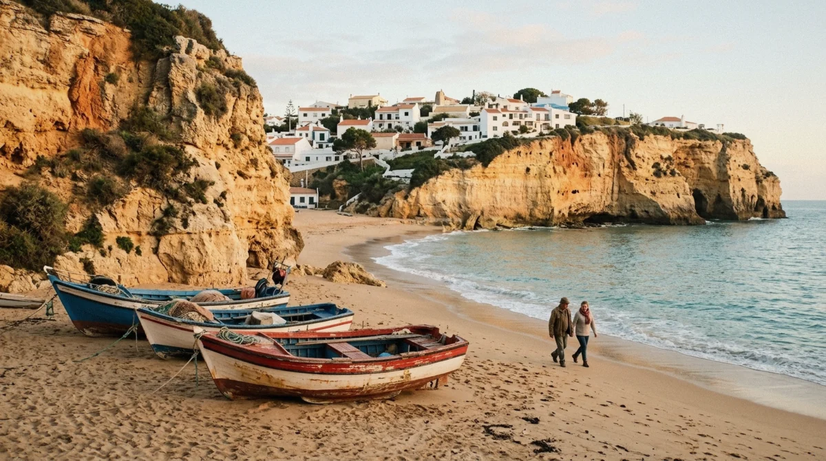 Fishing boats on the sand at Praia de Benagil, the departure cove for Benagil sea cave trips, Algarve, Portugal