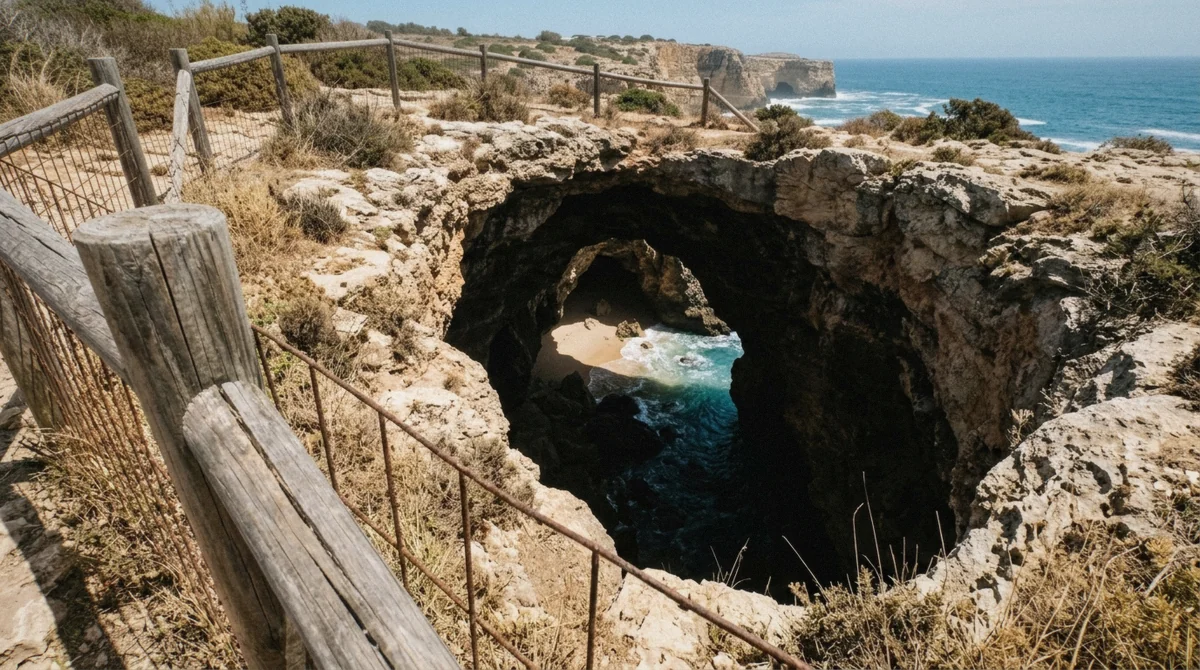 Fenced clifftop opening above the Benagil sea cave seen from the coastal path, Algarve, Portugal