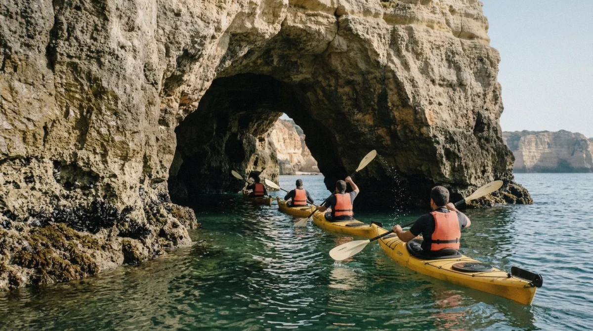 Guided kayaks entering a sea cave mouth on the Algarve coast near Benagil, Portugal