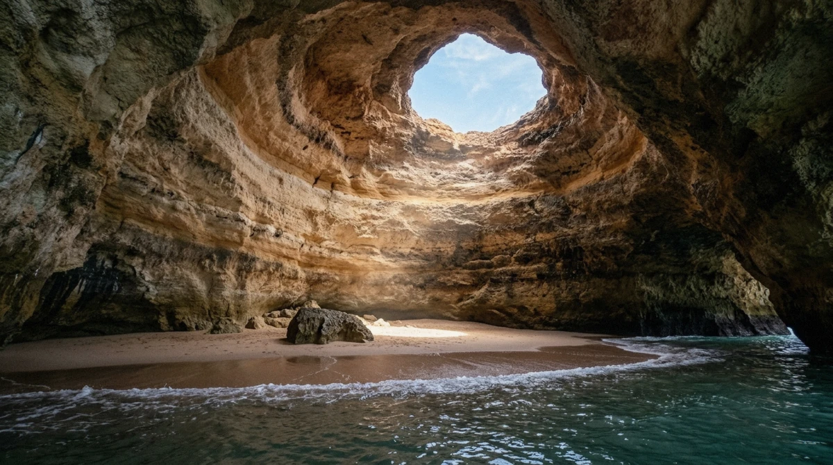 Shaft of sunlight through the roof opening lighting the sand inside the Benagil sea cave, Algarve, Portugal
